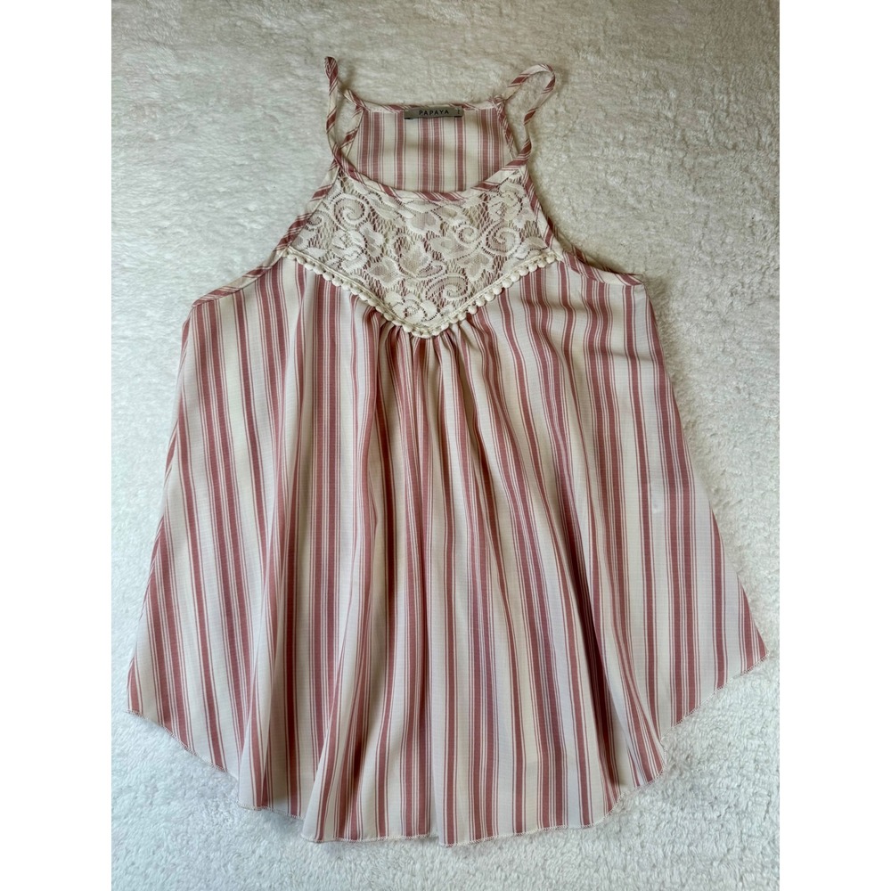 Vintage Y2K Papaya Halter Cami Women Medium Mauve Striped‎ Lace Trim Boho Top